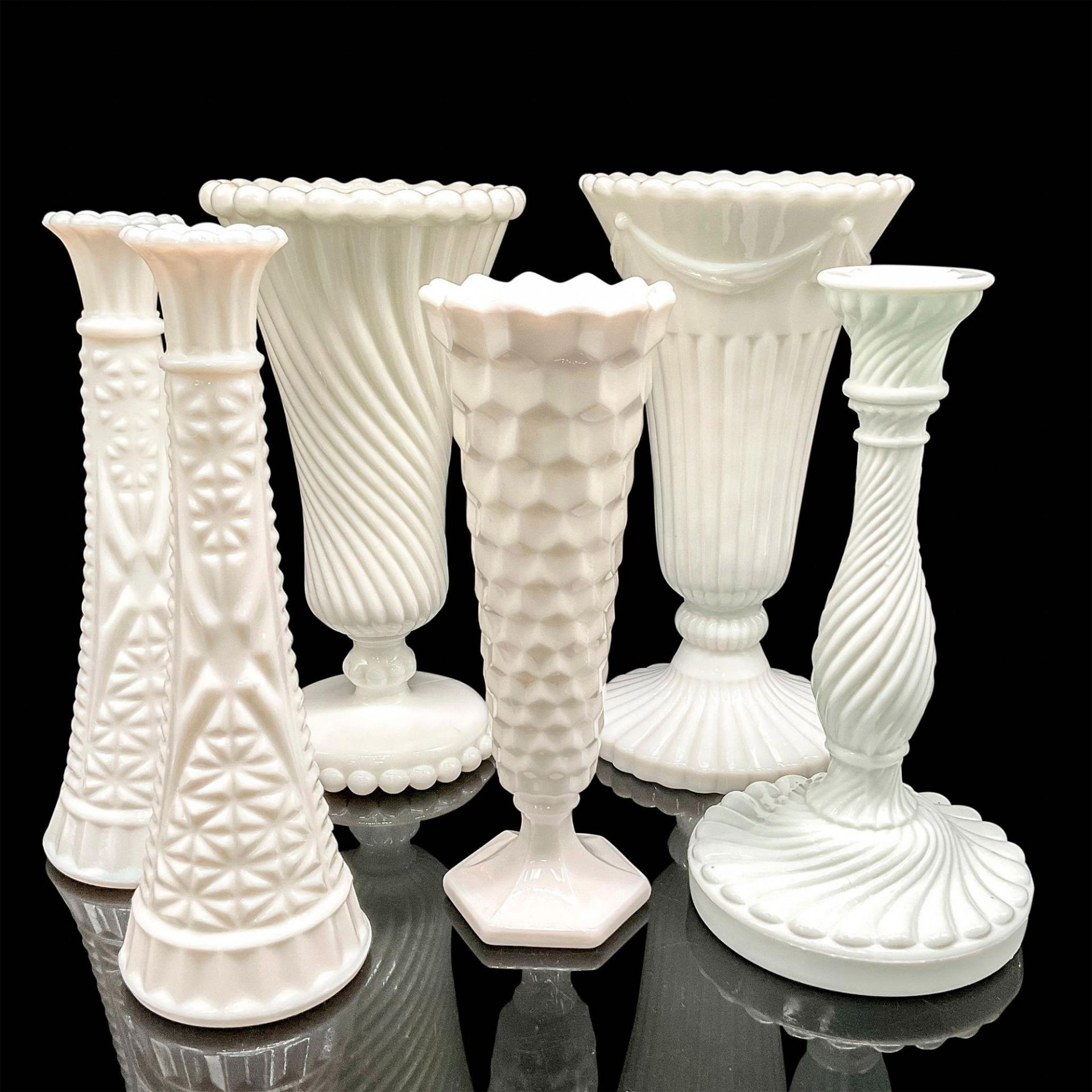 6pc Vintage Milk Glass Vases + Candle Holder