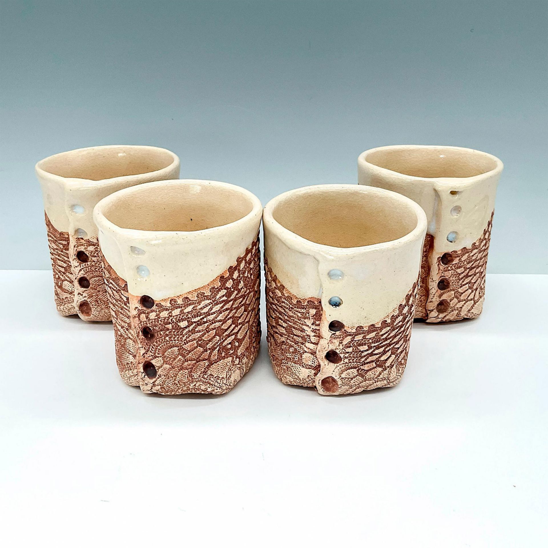 4pc Blue Heron Lace Impressed Art Pottery Cups by Jayn Avery