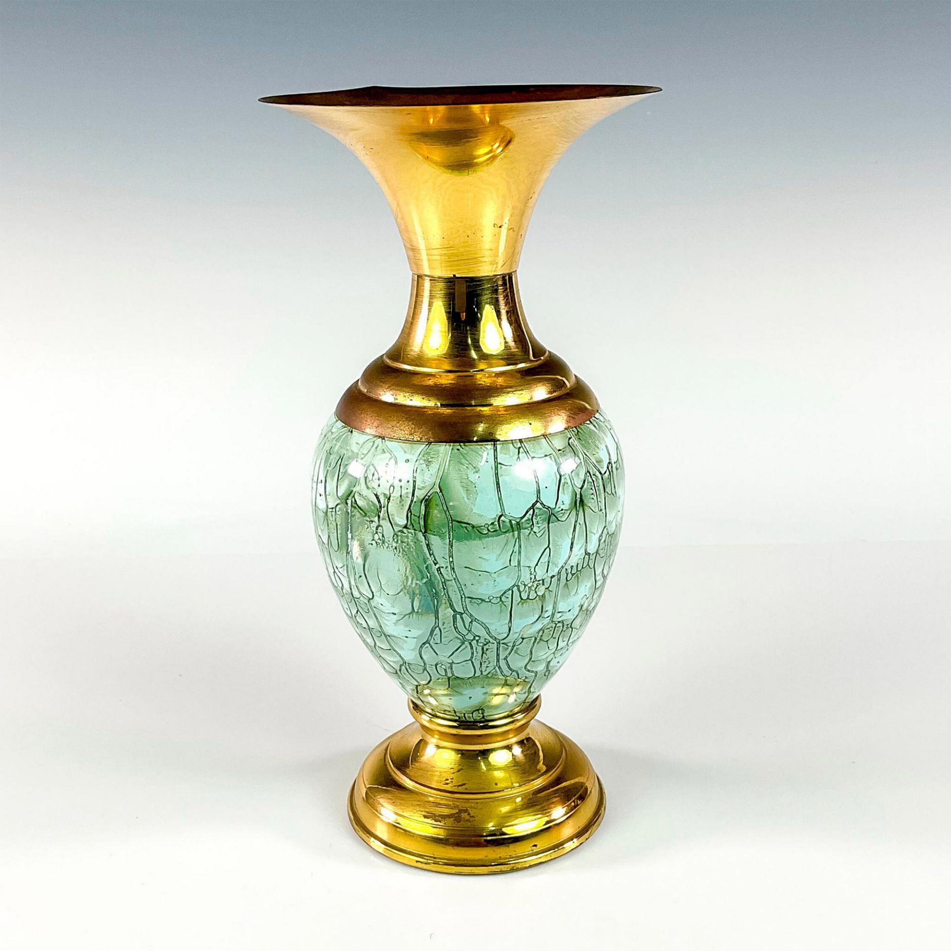 Mid-Century Modern Delft Brass Base Marbled Glaze Vase - Image 2 of 3
