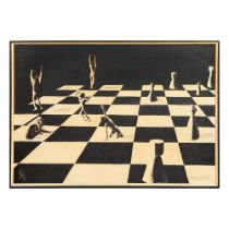 Lew Wolfson, Original Surrealist Oil on Canvas, Chess Signed