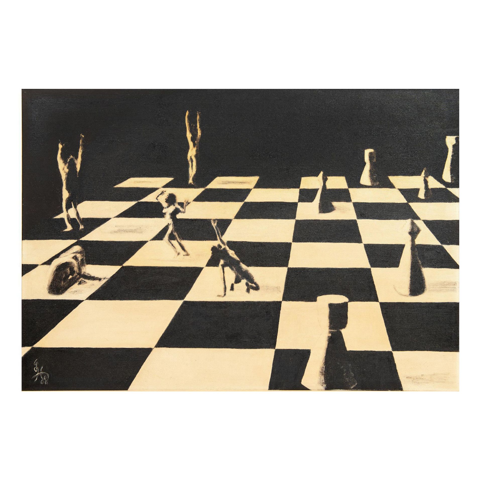 Lew Wolfson, Original Surrealist Oil on Canvas, Chess Signed - Image 2 of 7