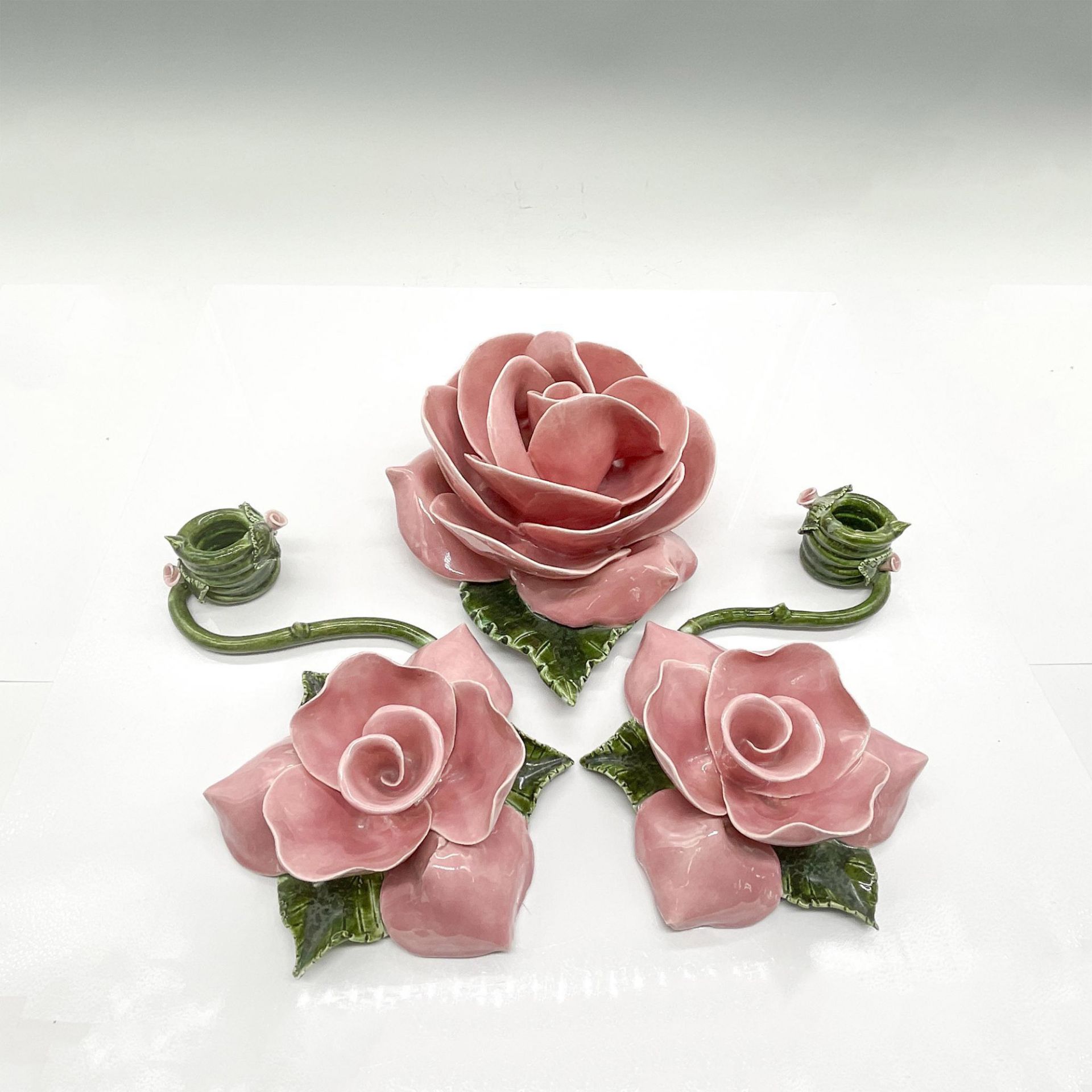 3pc Ceramic Rose Centerpiece and Candleholders - Image 2 of 3