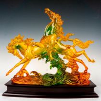 Resin Horse Feng Shui Statue on Wood Base