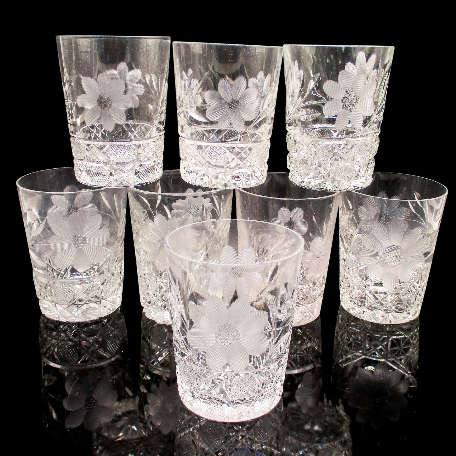 8pc Vintage Crystal Etched Whiskey Glasses - Image 2 of 8