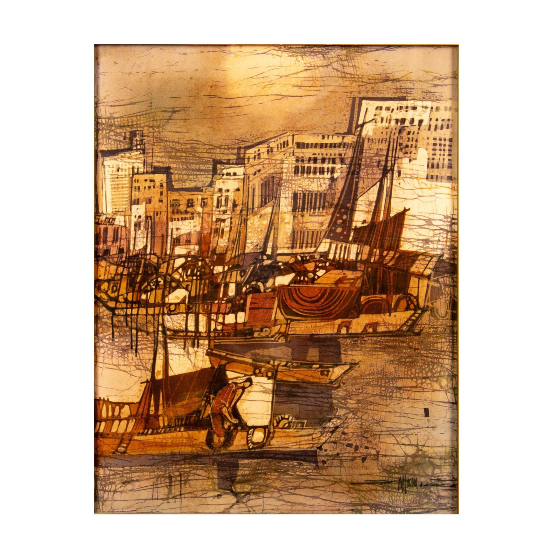 Vintage Mediterranean Harbor Scene on Synthetic Board - Bild 2 aus 6