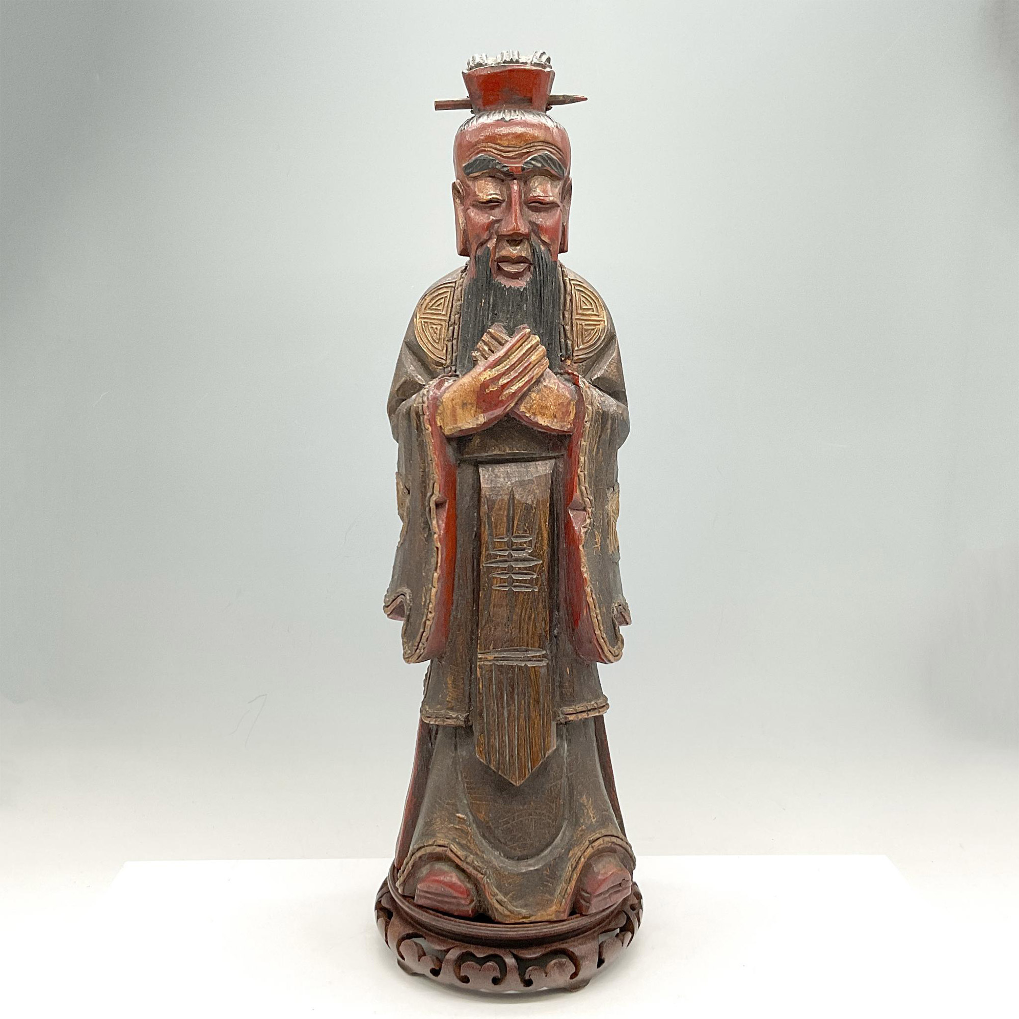 Chinese Hand Carved Wooden Wiseman Statue + Base