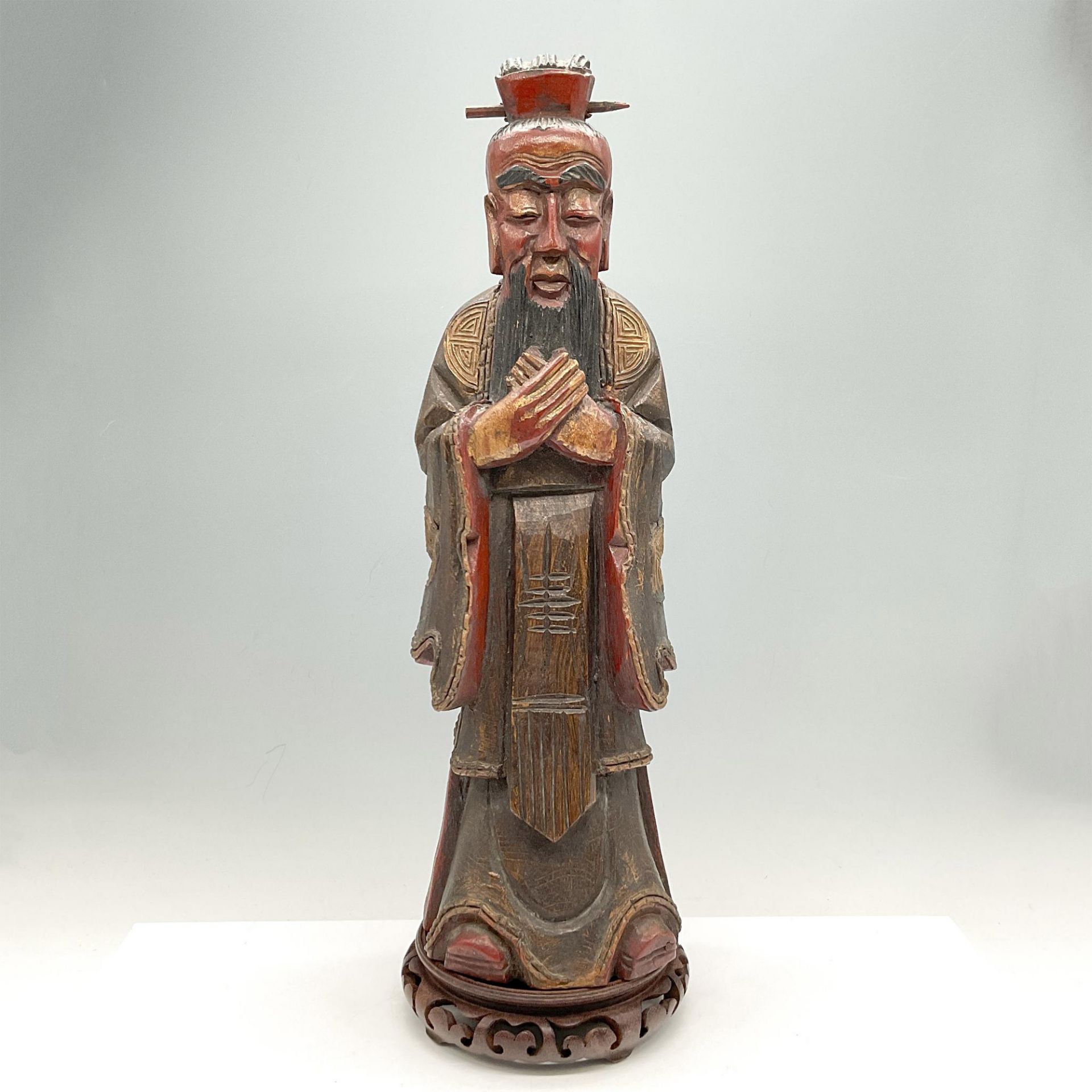 Chinese Hand Carved Wooden Wiseman Statue + Base