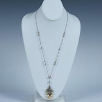 Long Silver Metal and Faux Pearl Leaf Necklace