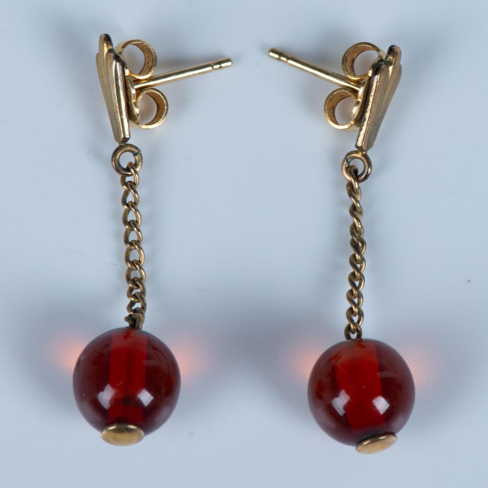 Cute Gold Tone Red Bead Drop Earrings - Image 2 of 4
