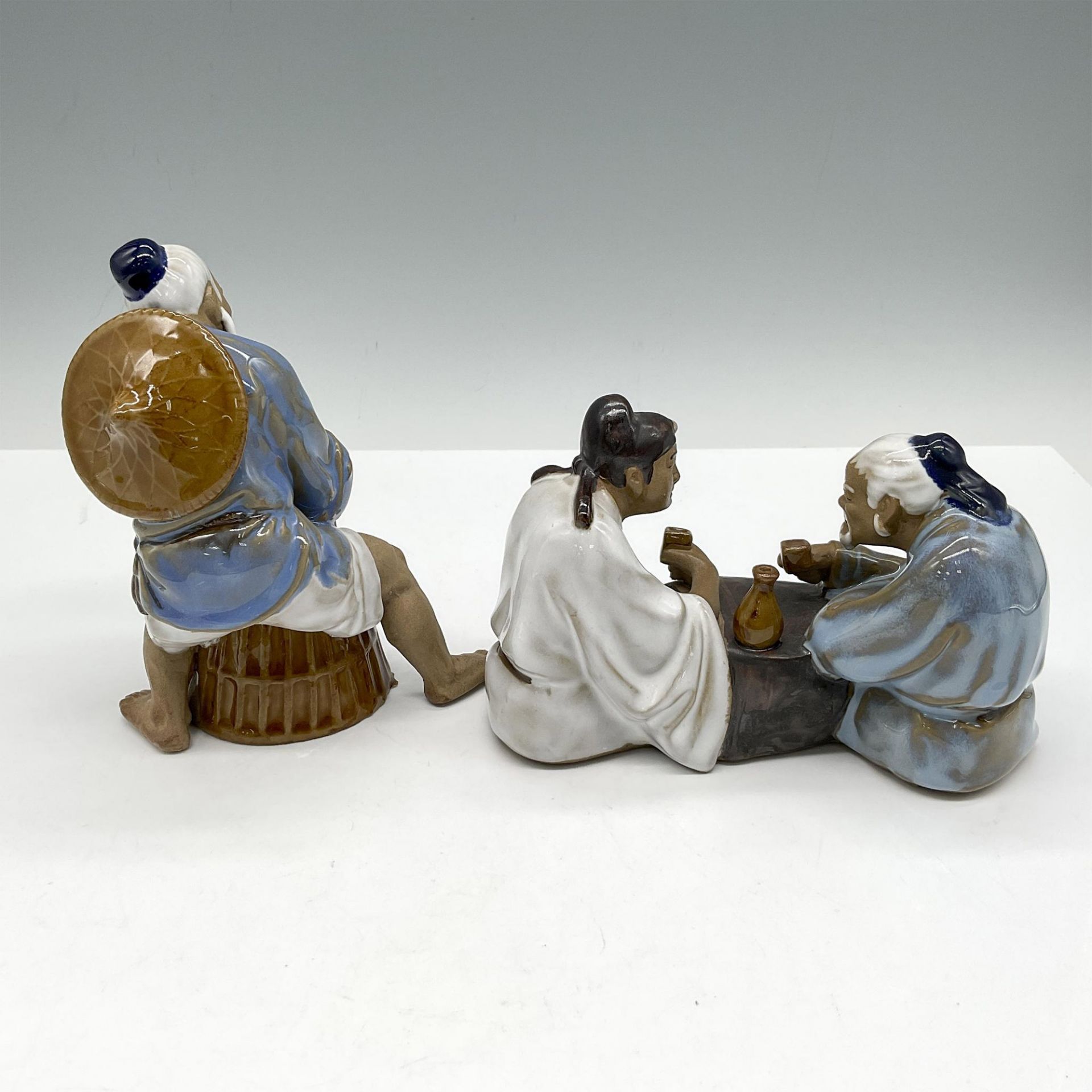2pc Shiwan Mudman Pottery Figurines, Fisherman + Scholars - Image 2 of 3