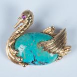 Cute Vintage 14K Gold, Turquoise and Ruby Bird Pin