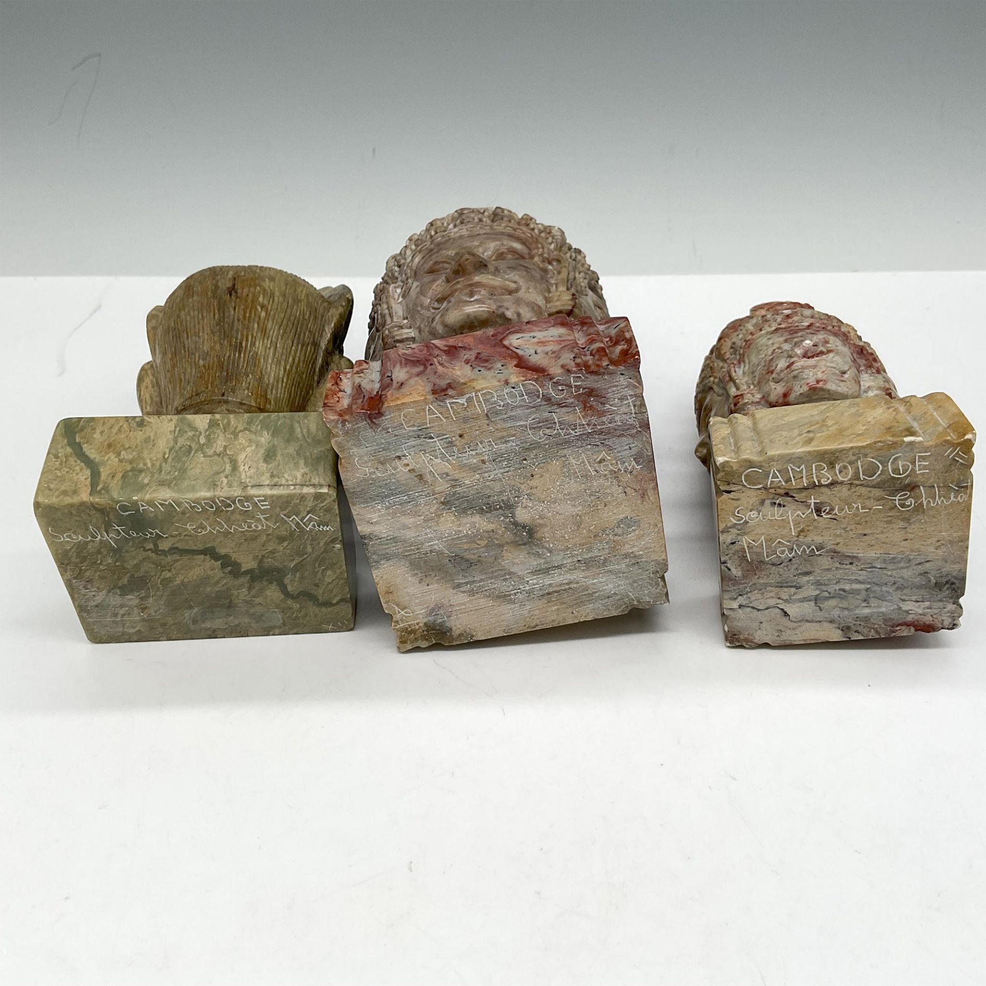 3pc Soapstone Sculpture Bust, Four Faces of Buddha + Brahma - Image 3 of 3