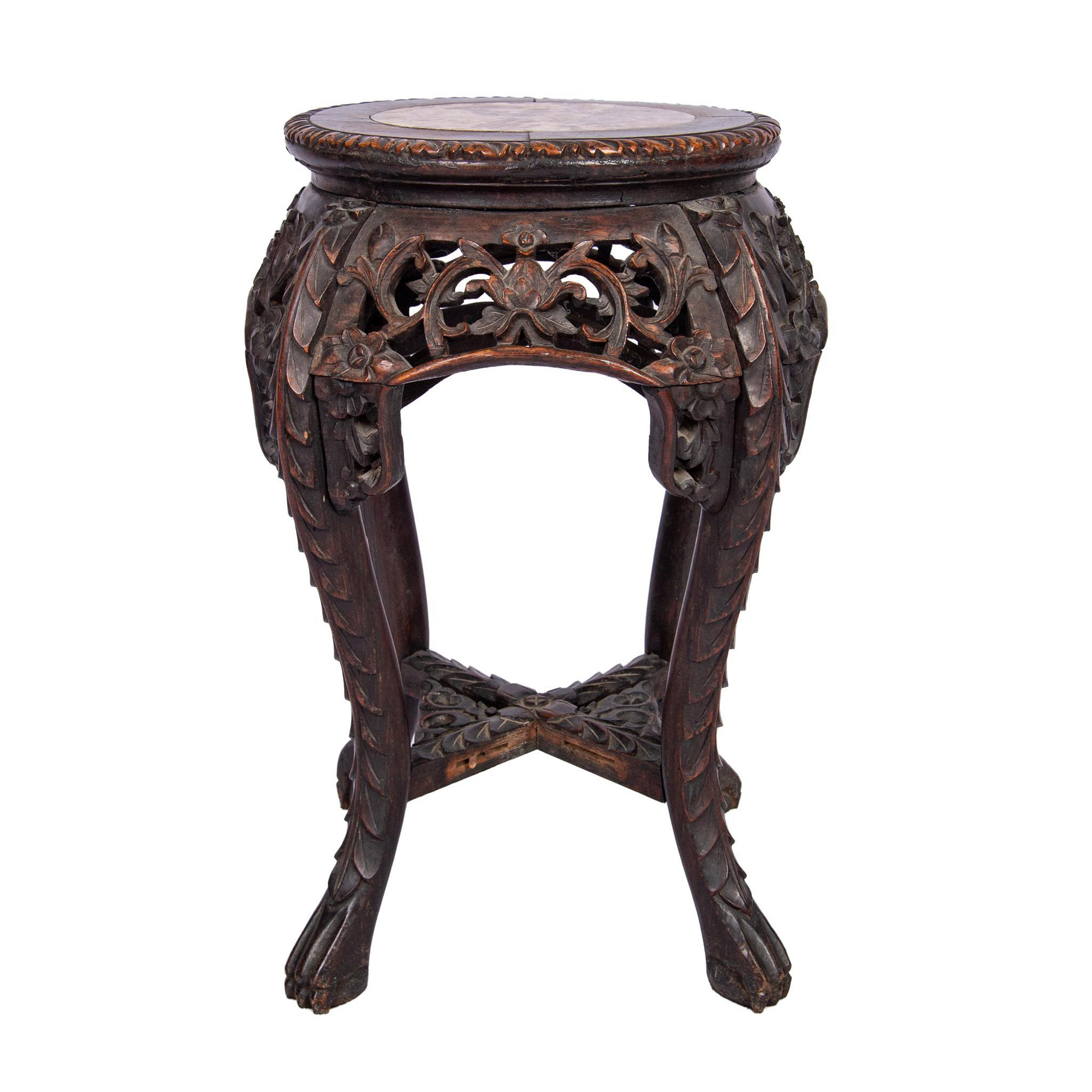 Antique Chinese Jardiniere Stand in Ebonized Wood with Marble Top