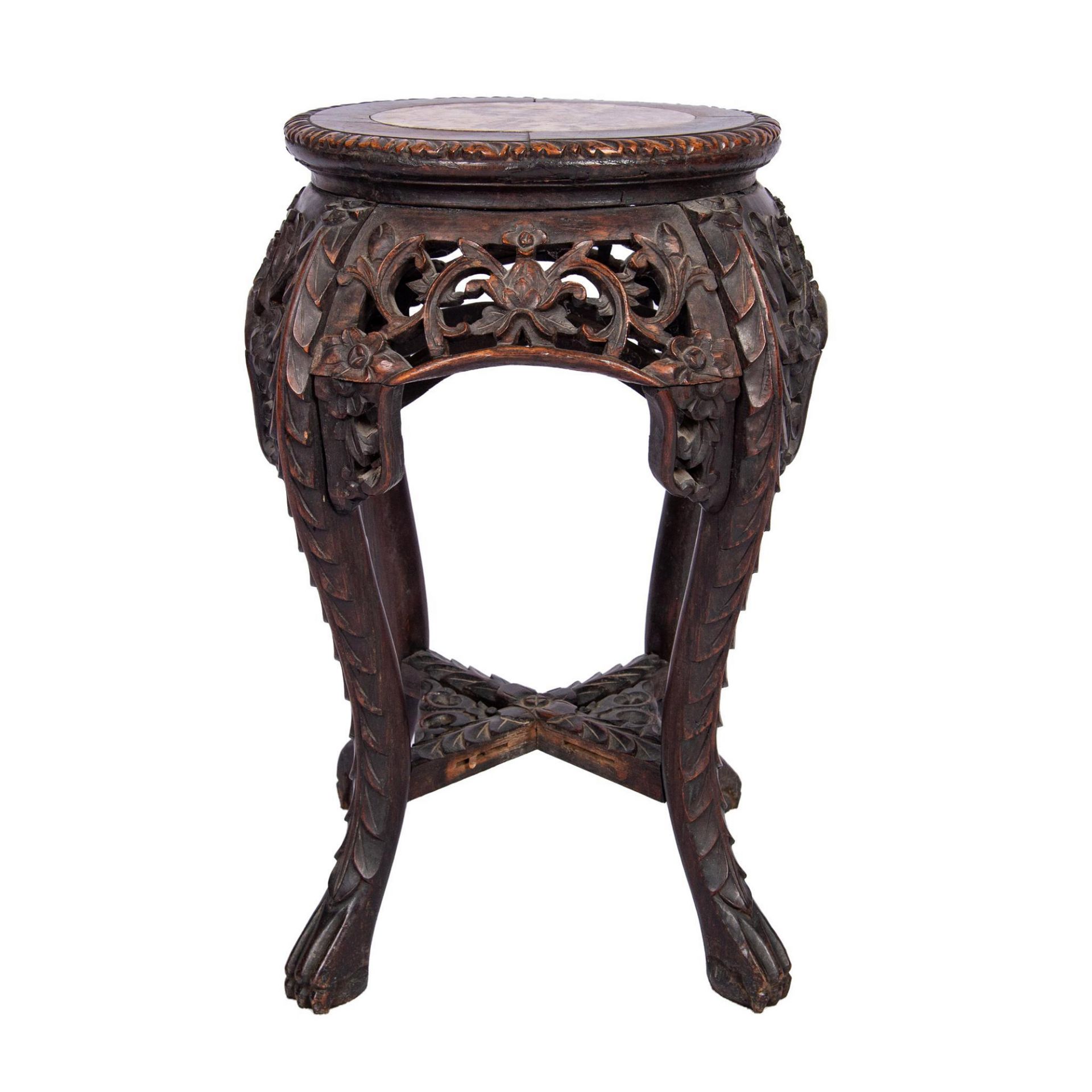 Antique Chinese Jardiniere Stand in Ebonized Wood with Marble Top