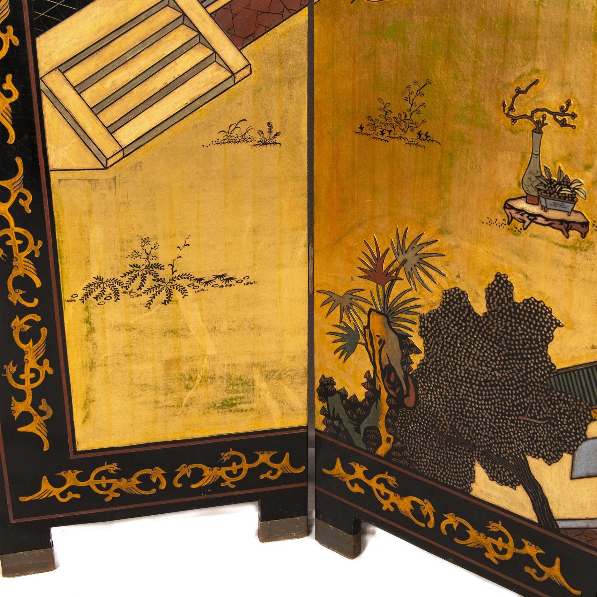 Original Gilded and Hand Painted Four Panel Asian Screen - Image 3 of 11