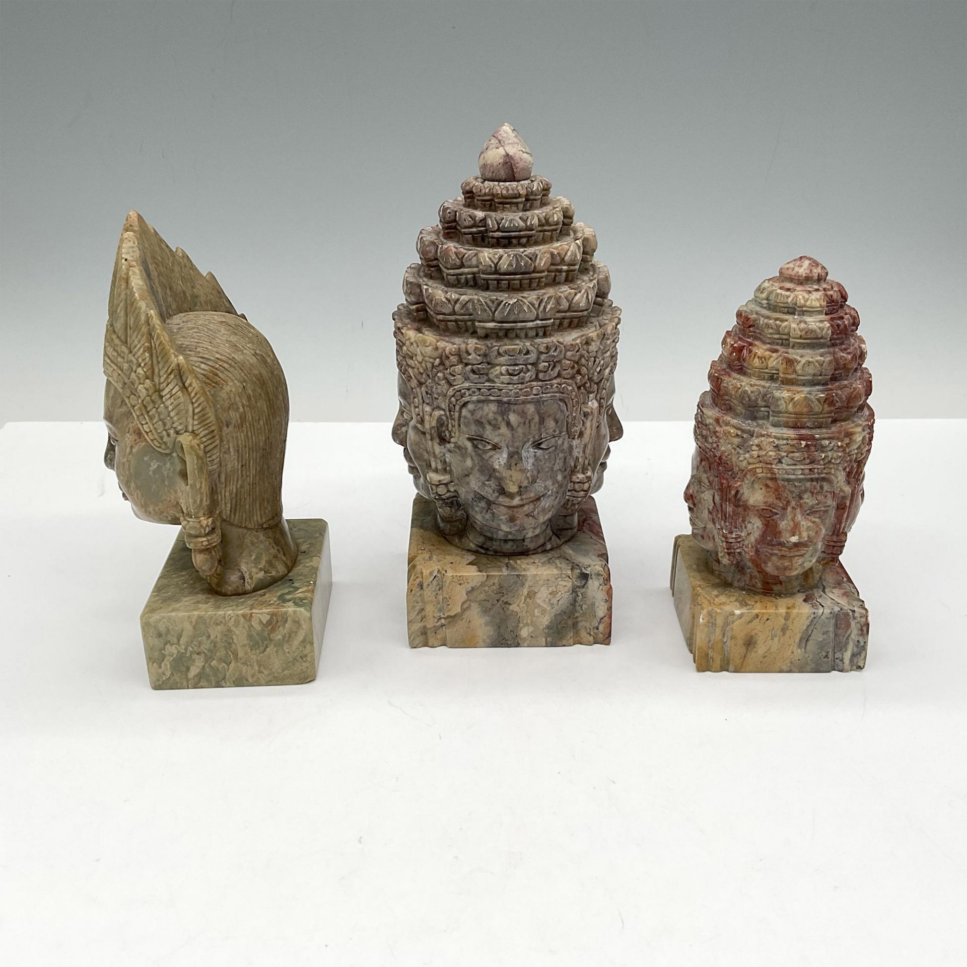 3pc Soapstone Sculpture Bust, Four Faces of Buddha + Brahma - Image 2 of 3