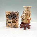 2pc Chinese Soapstone Grouping, Bookend + Vase