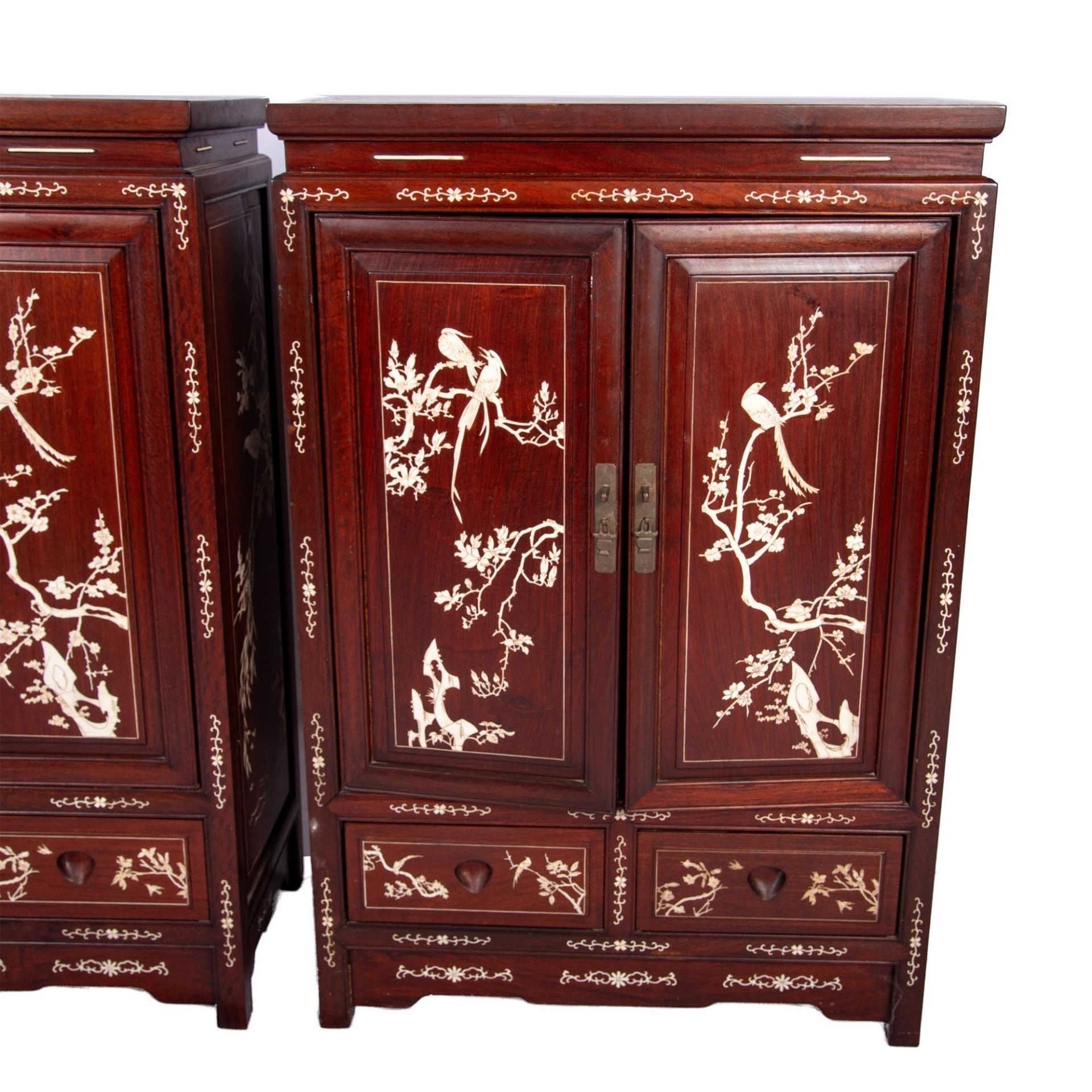 Pair of Chinese Bone Inlay Wood Cabinets, Birds and Flora - Image 2 of 7