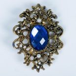 Ornate Gold Metal, Faux Pearl and Blue Rhinestone Brooch