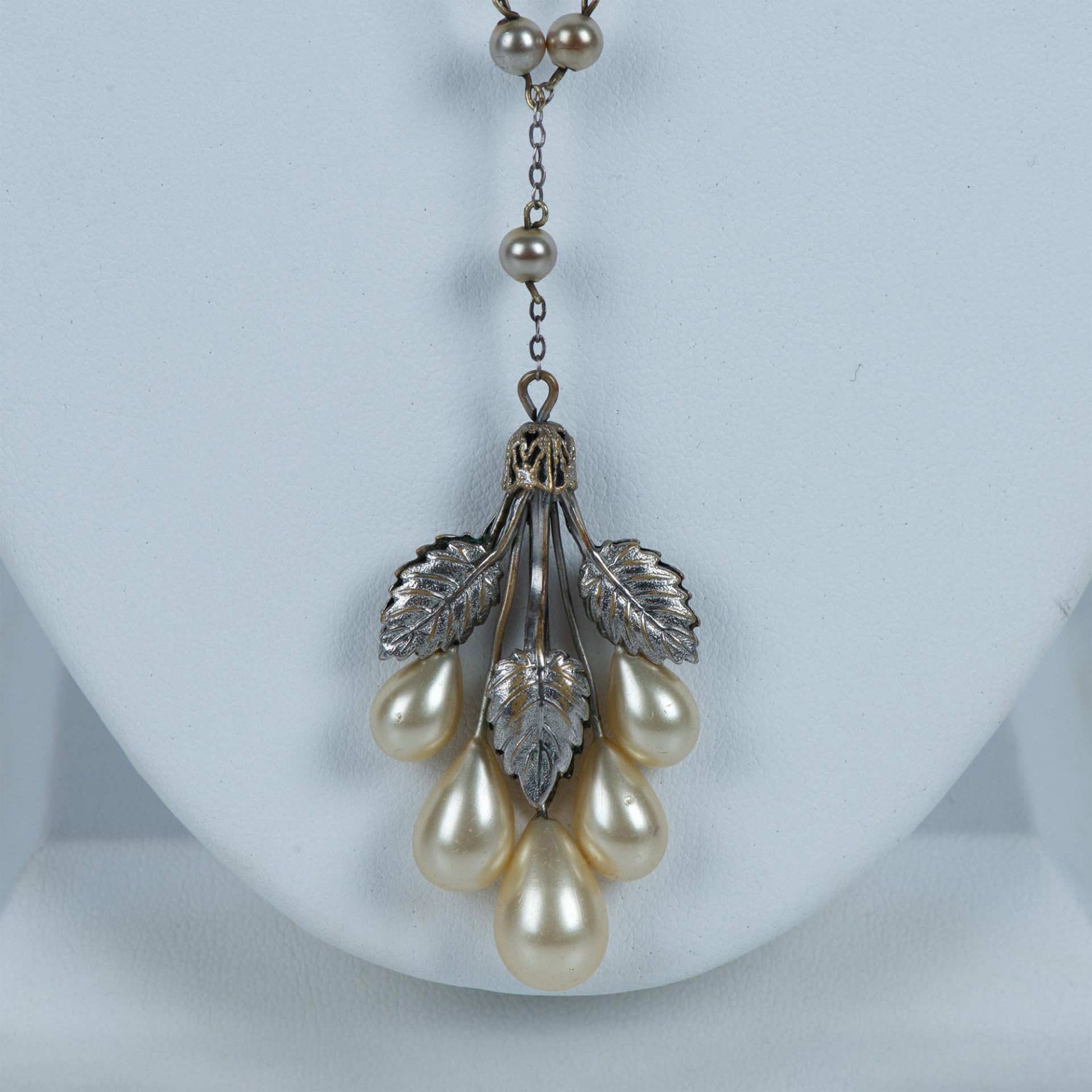 Long Silver Metal and Faux Pearl Leaf Necklace - Image 2 of 5