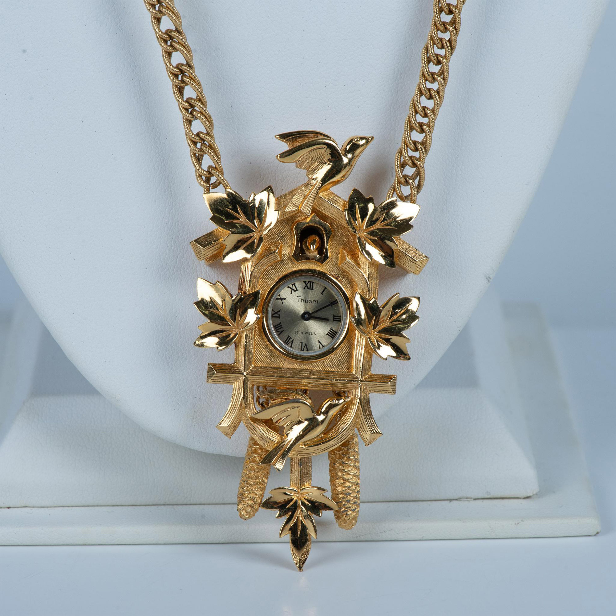 Trifari 1960s Gold Tone Cuckoo Clock Pendant Necklace - Image 2 of 6
