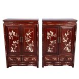 Pair of Chinese Bone Inlay Wood Cabinets, Birds and Flora