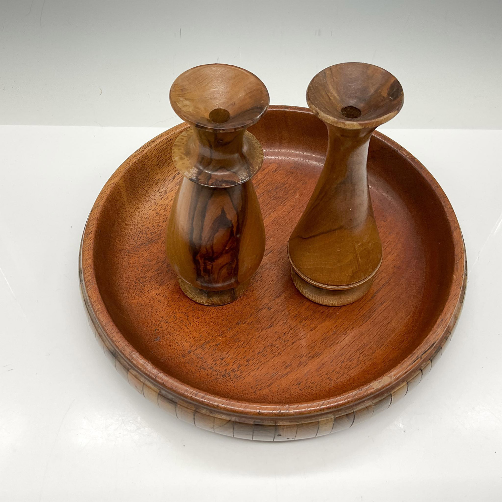 3pc Carved Wooden Tray with Vases - Image 2 of 3