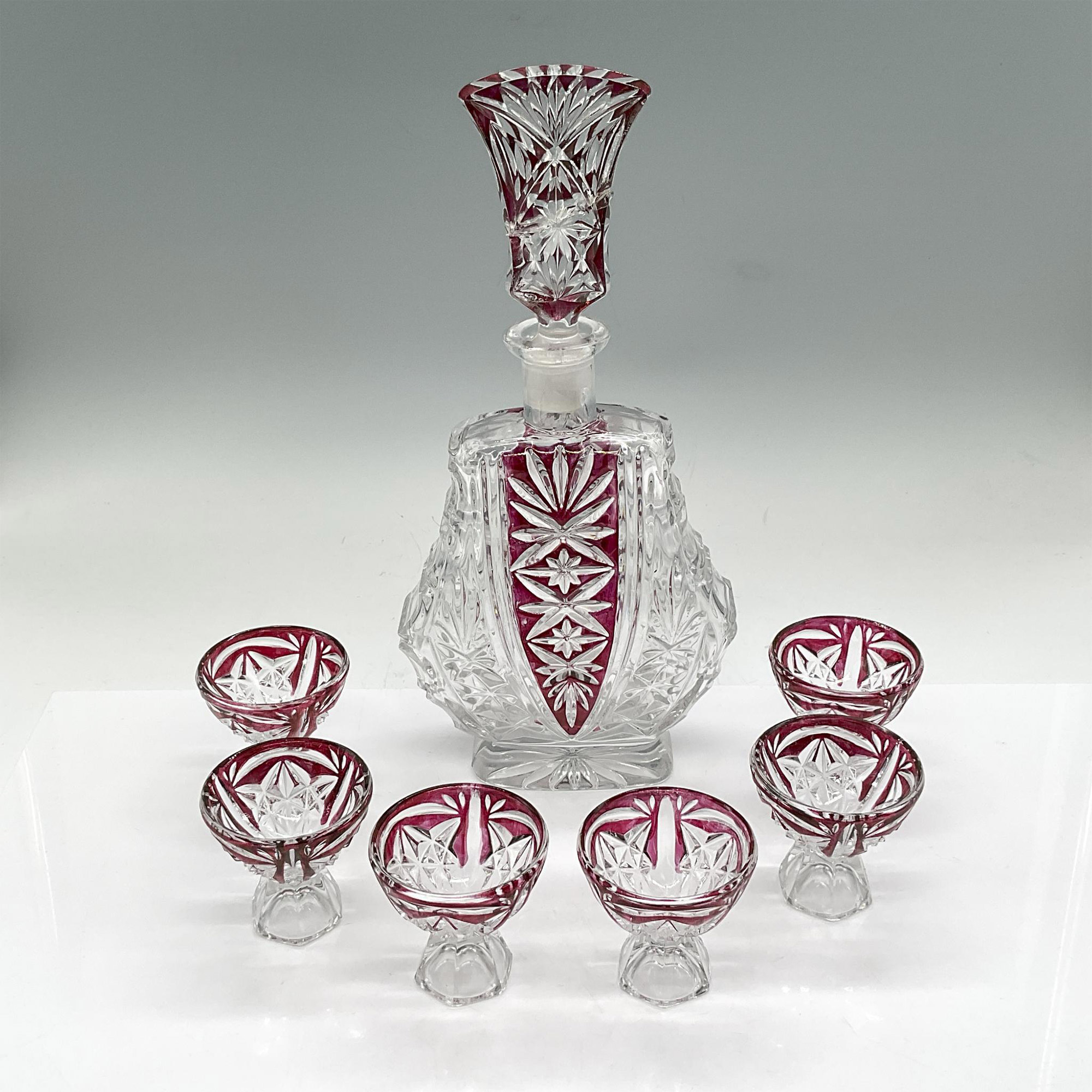 7pc Vintage Bohemian Czech Glass Decanter + Small Glasses - Image 2 of 6