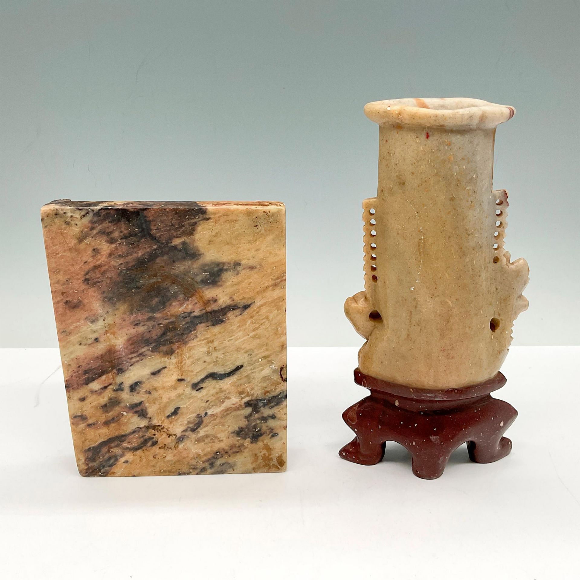 2pc Chinese Soapstone Grouping, Bookend + Vase - Image 3 of 3