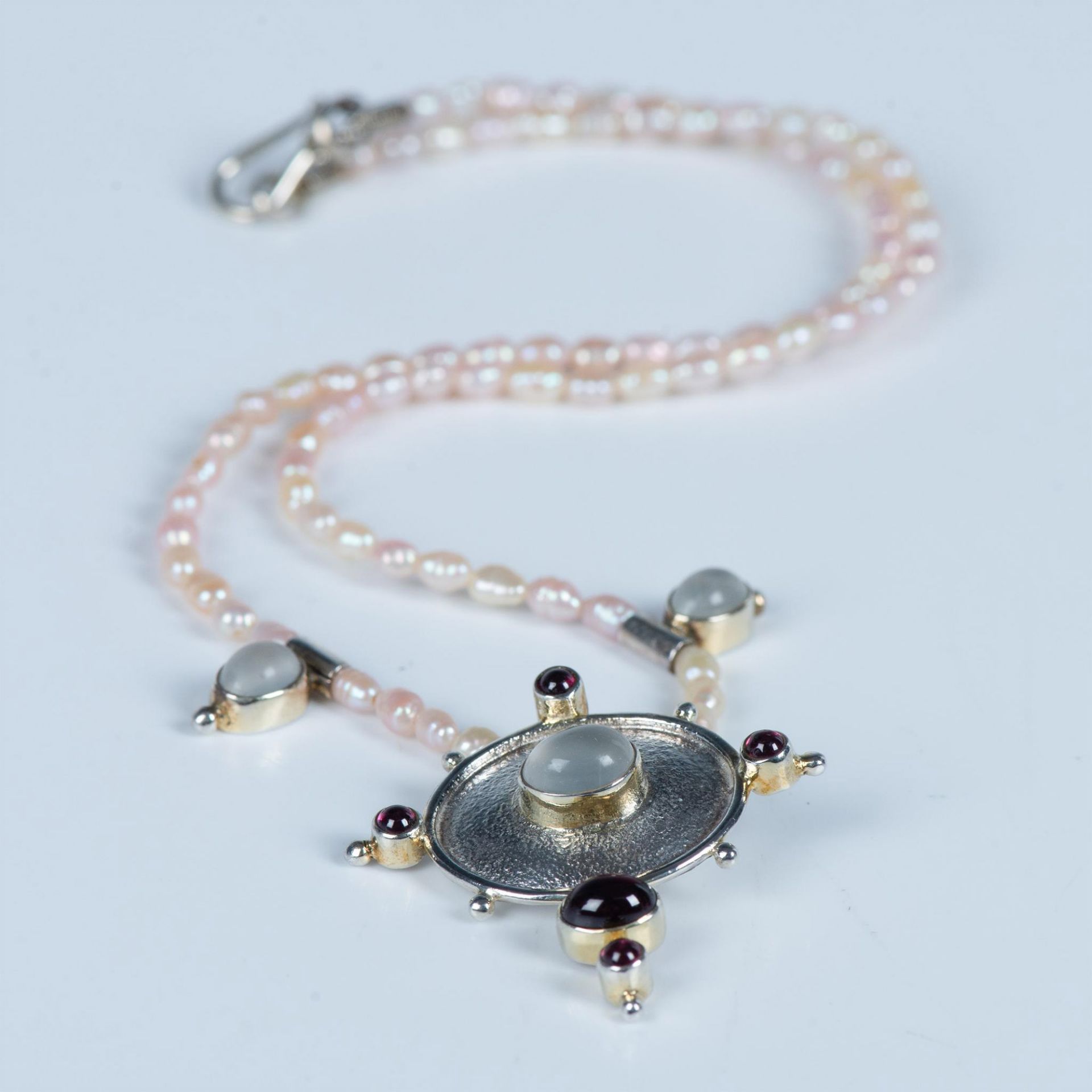 Fabulous Sterling Silver Baroque Pink Pearl, Garnet and Moonstone Necklace - Image 3 of 4