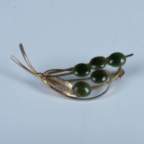 Vintage Gold Metal and Green Gemstone Floral Brooch