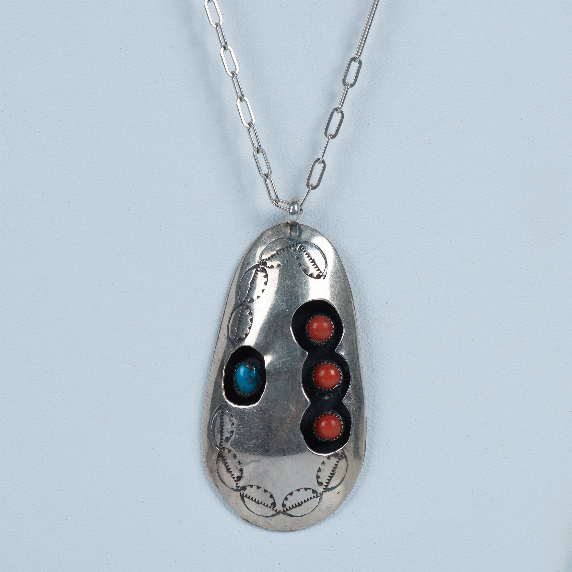 Handmade Southwestern Sterling, Coral and Turquoise Necklace - Image 2 of 4