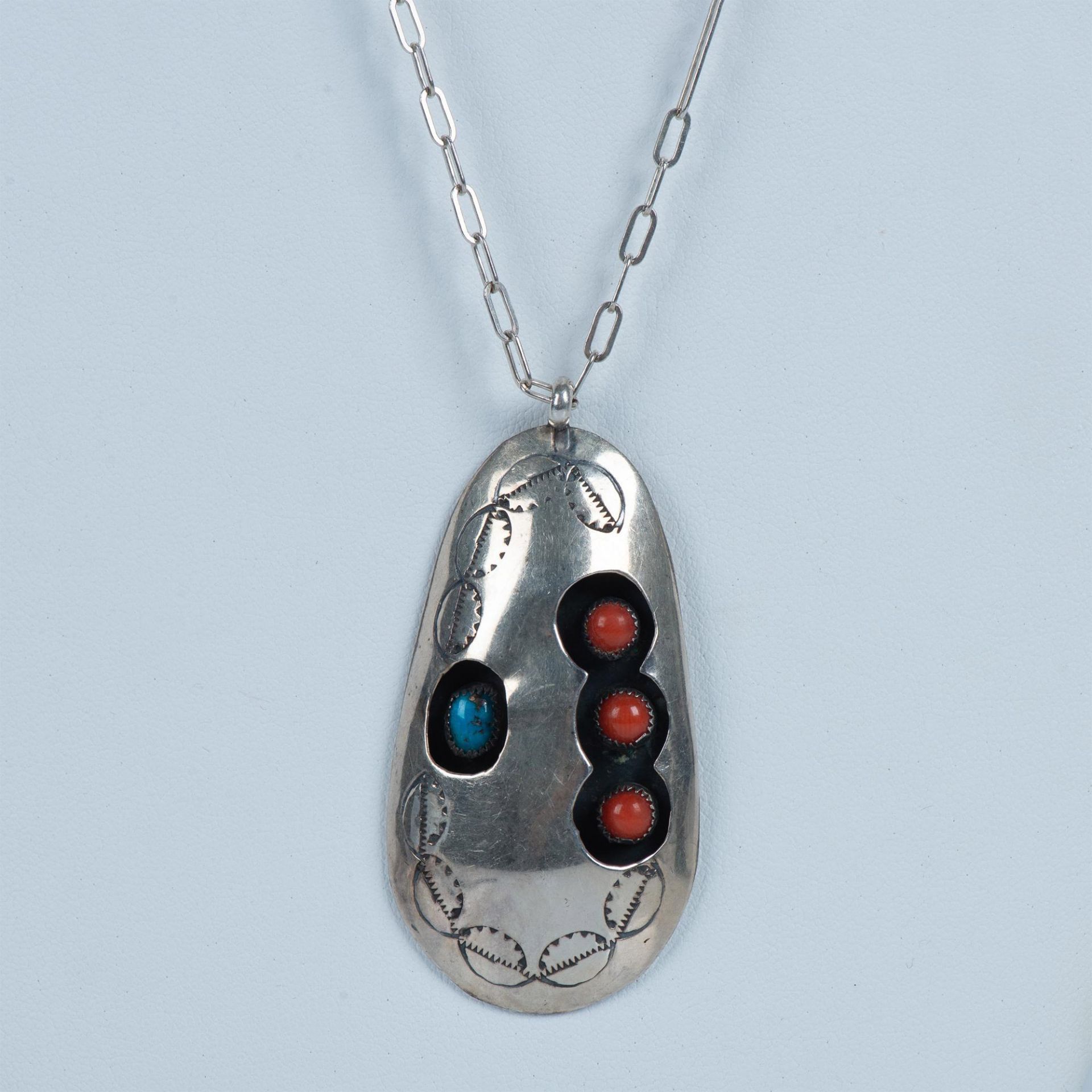 Handmade Southwestern Sterling, Coral and Turquoise Necklace - Image 2 of 4