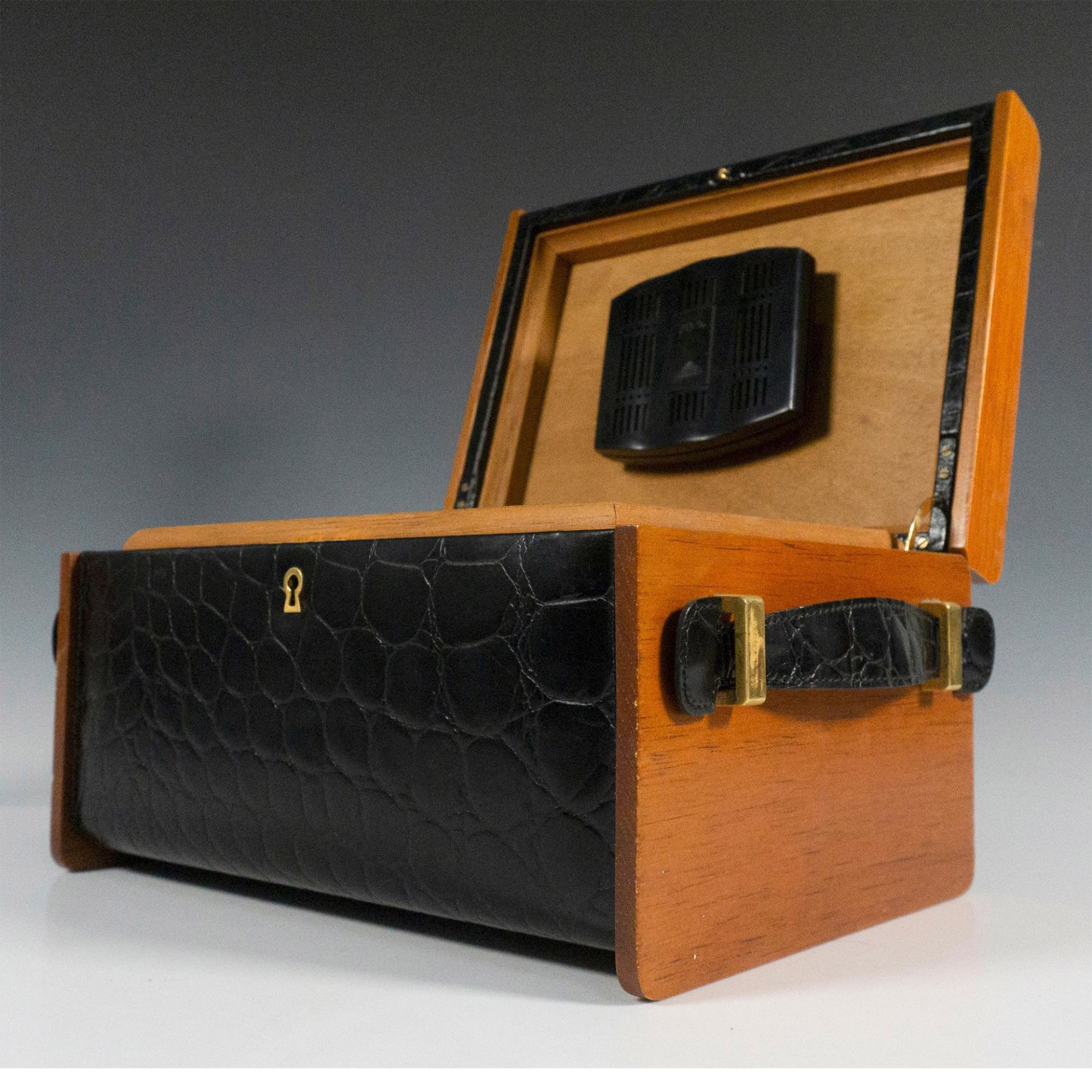 Spanish Black Leather and Wood Cigar Humidor Box - Bild 3 aus 6