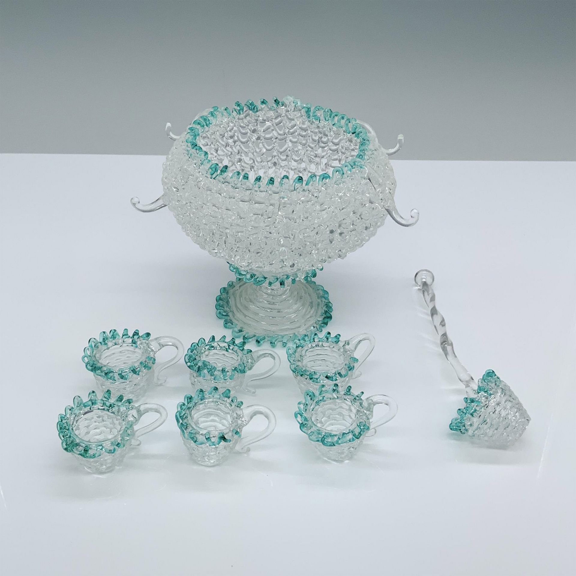 8pcs Mini Artisan Spun Glass Punch Bowl Set With Blue Trim - Image 2 of 4
