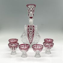 7pc Vintage Bohemian Czech Glass Decanter + Small Glasses