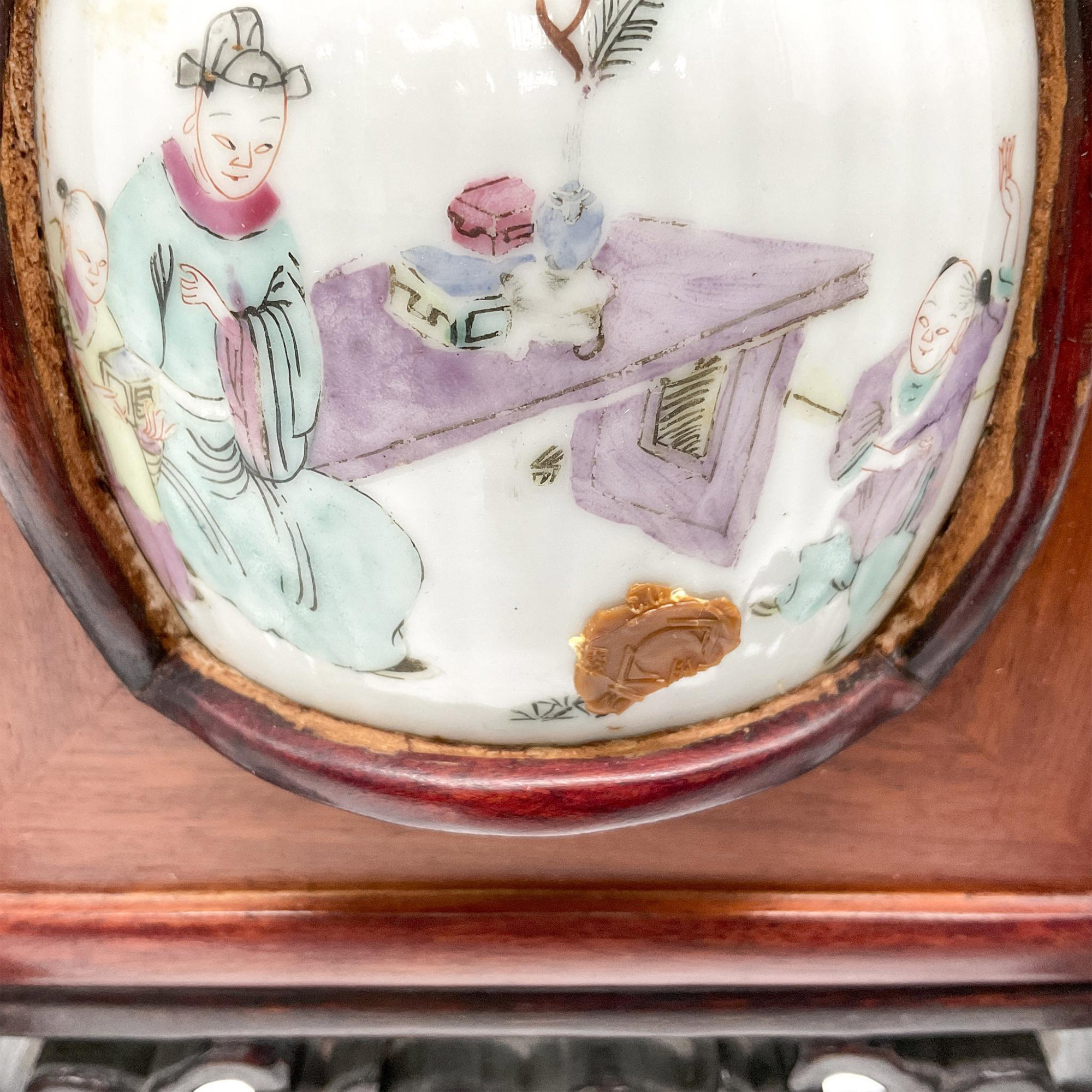 Chinese Porcelain Cup Framed in Wood Stand - Image 3 of 3