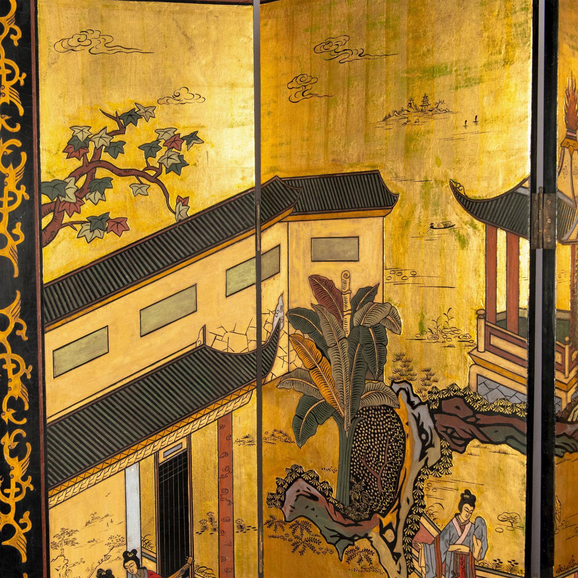 Original Gilded and Hand Painted Four Panel Asian Screen - Bild 4 aus 11