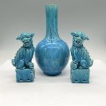 3pc Asian Blue Glazed Foo Dogs + Vase