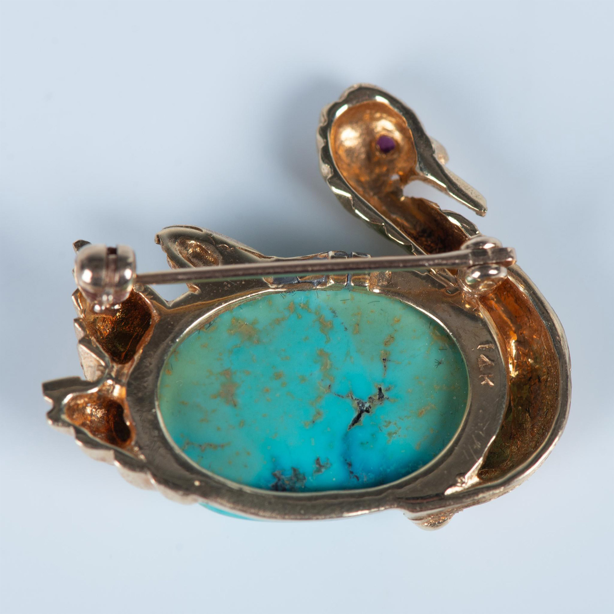 Cute Vintage 14K Gold, Turquoise and Ruby Bird Pin - Image 2 of 4