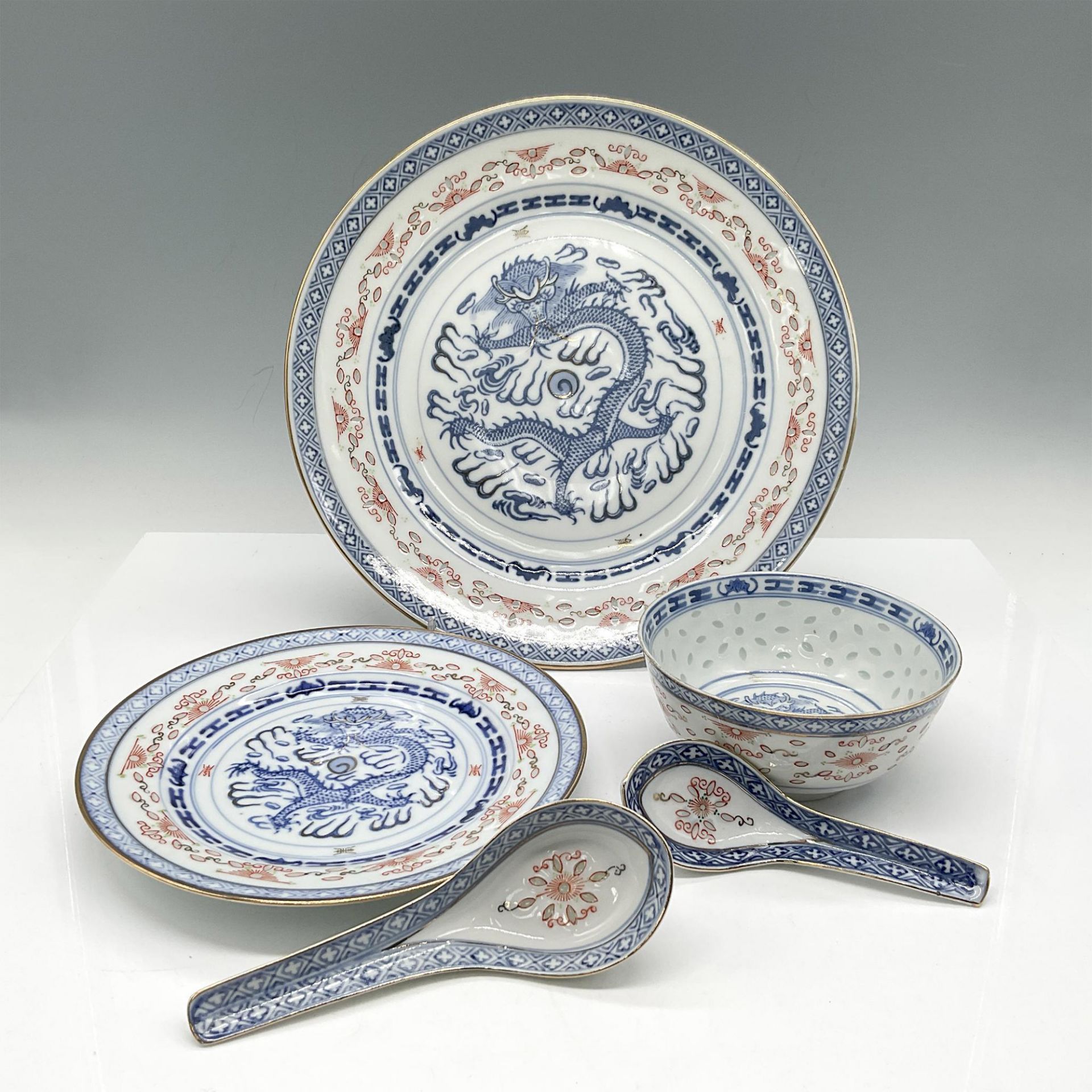 5pc Chinese Porcelain Blue Dragon Server Ware - Bild 2 aus 3