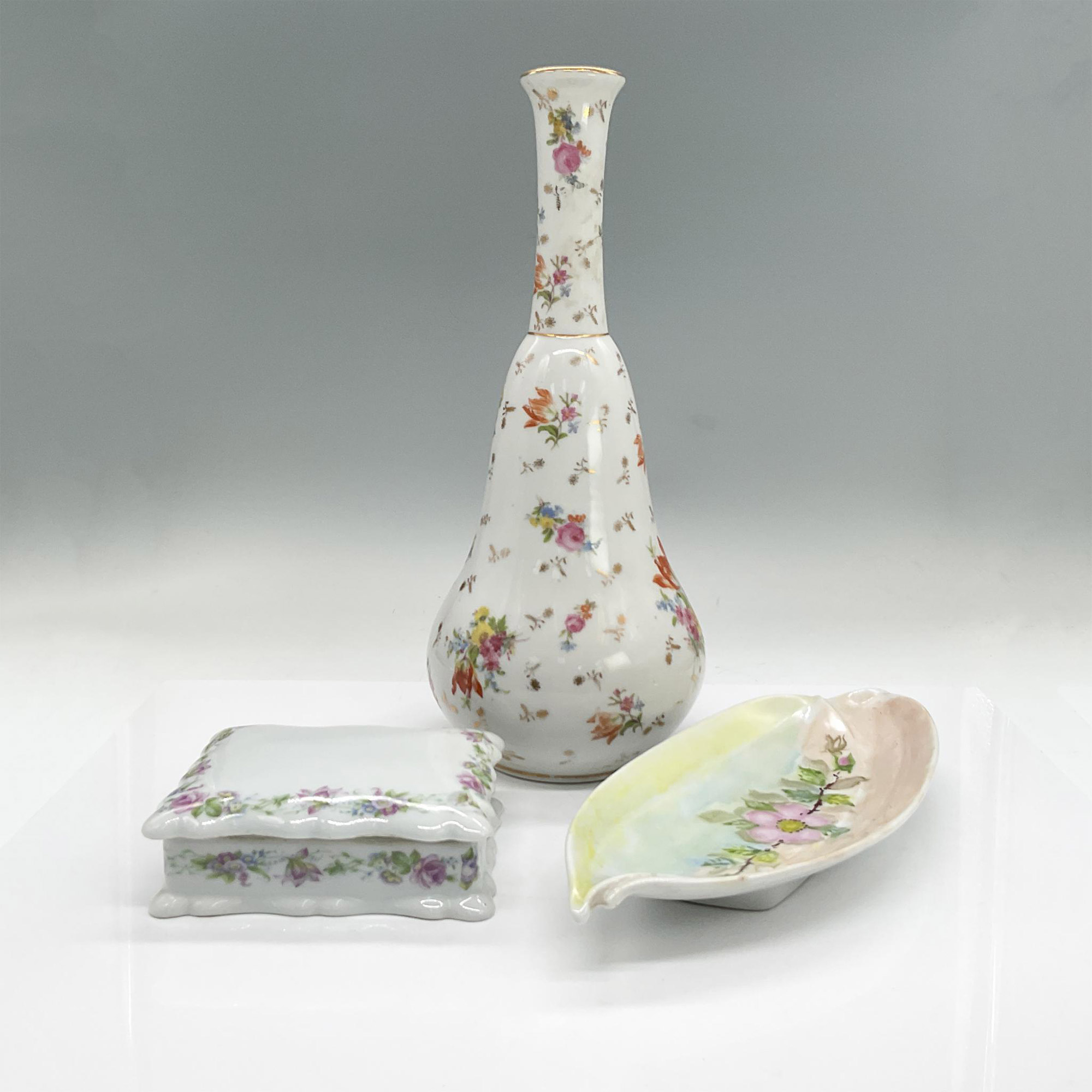 3pc Porcelain Lidded Dish, Vase and Leaf Shaped Dish