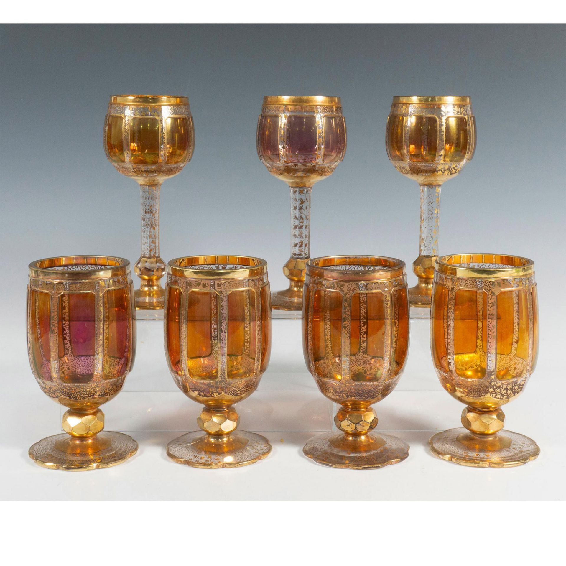 7pc Bohemian 19th Century Moser Gilt Cranberry Glass Cups - Bild 2 aus 5