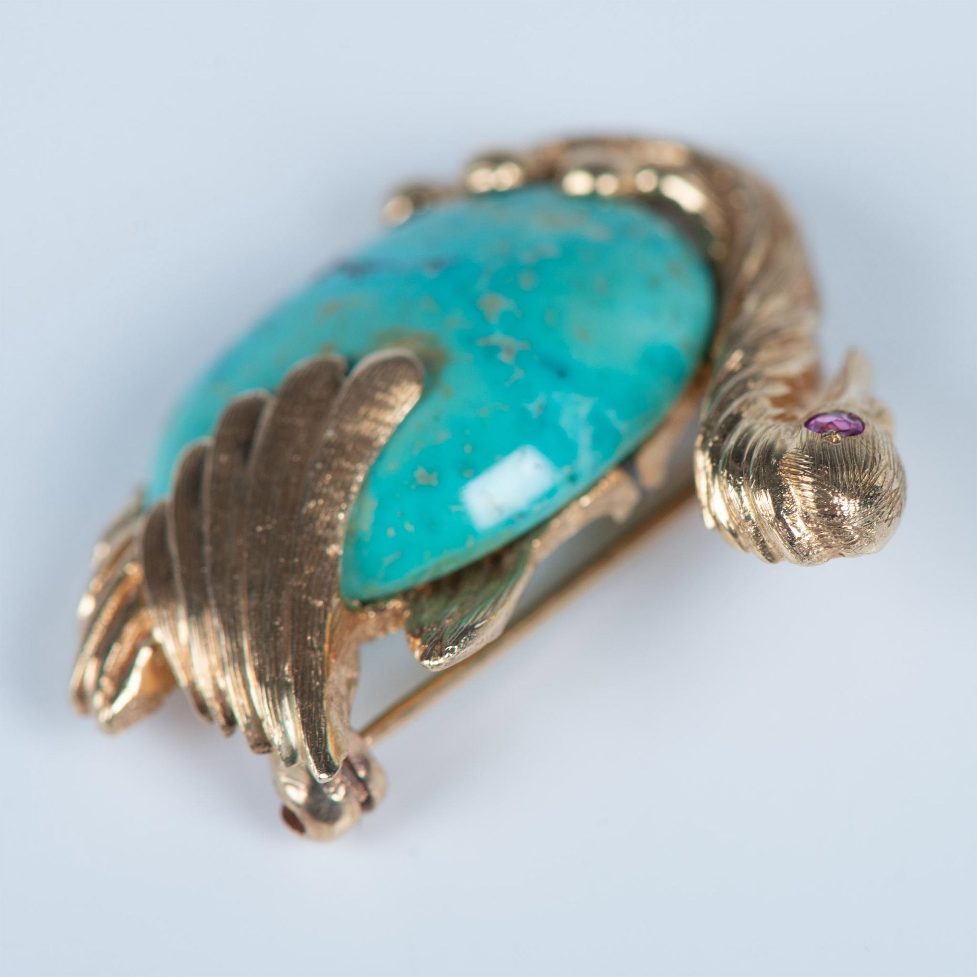 Cute Vintage 14K Gold, Turquoise and Ruby Bird Pin - Image 4 of 4