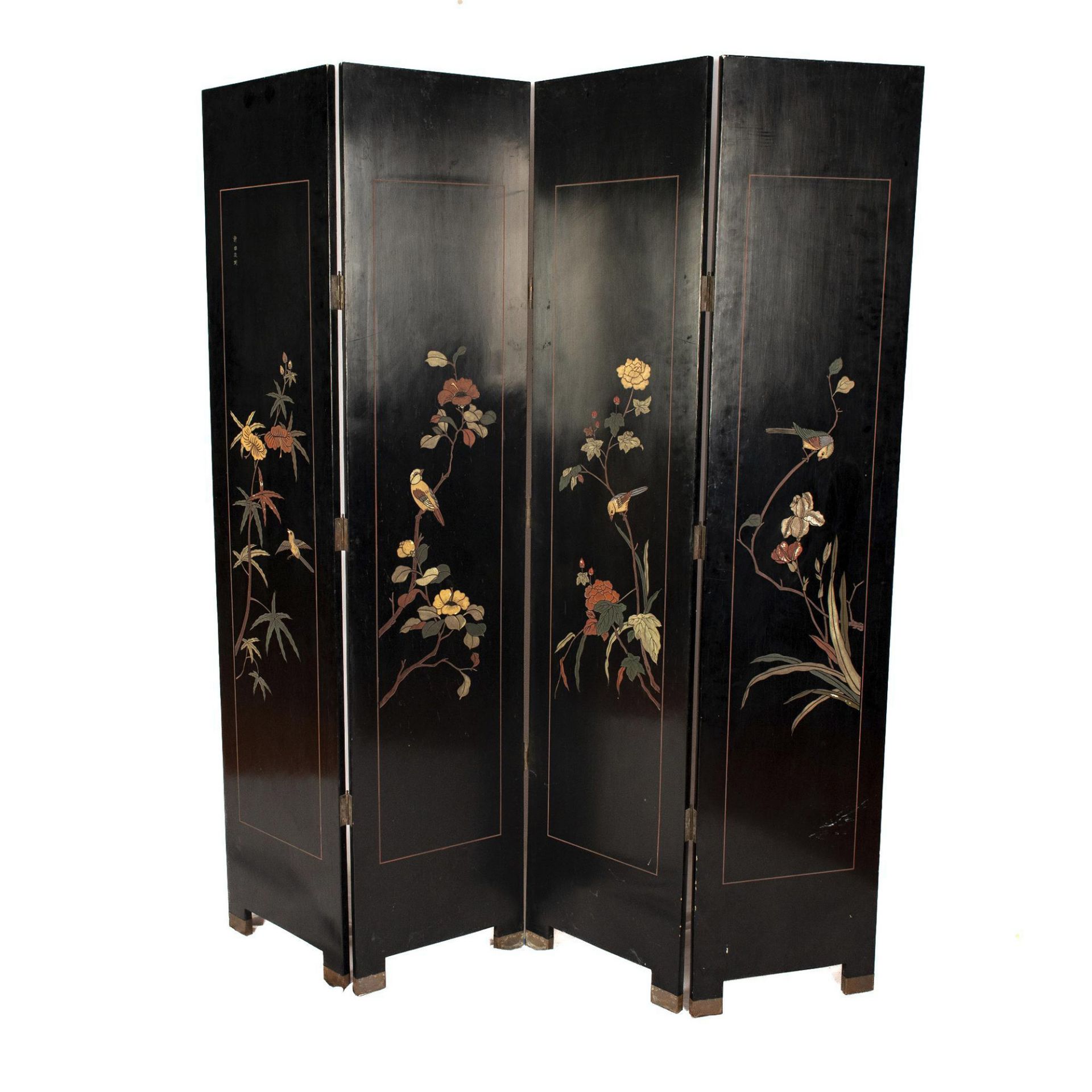 Original Gilded and Hand Painted Four Panel Asian Screen - Image 7 of 11