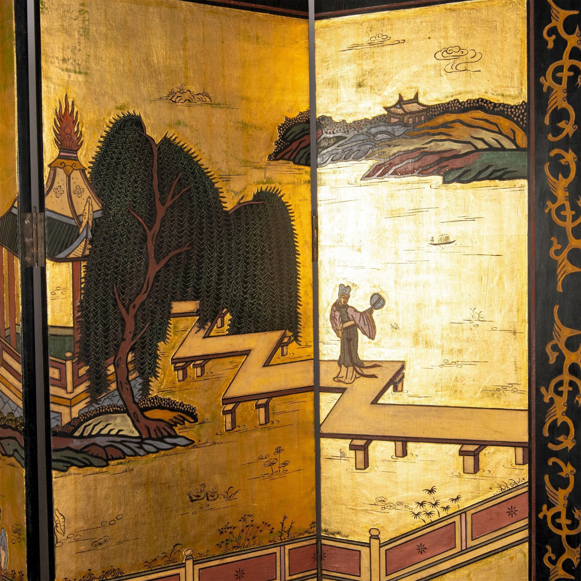 Original Gilded and Hand Painted Four Panel Asian Screen - Image 5 of 11