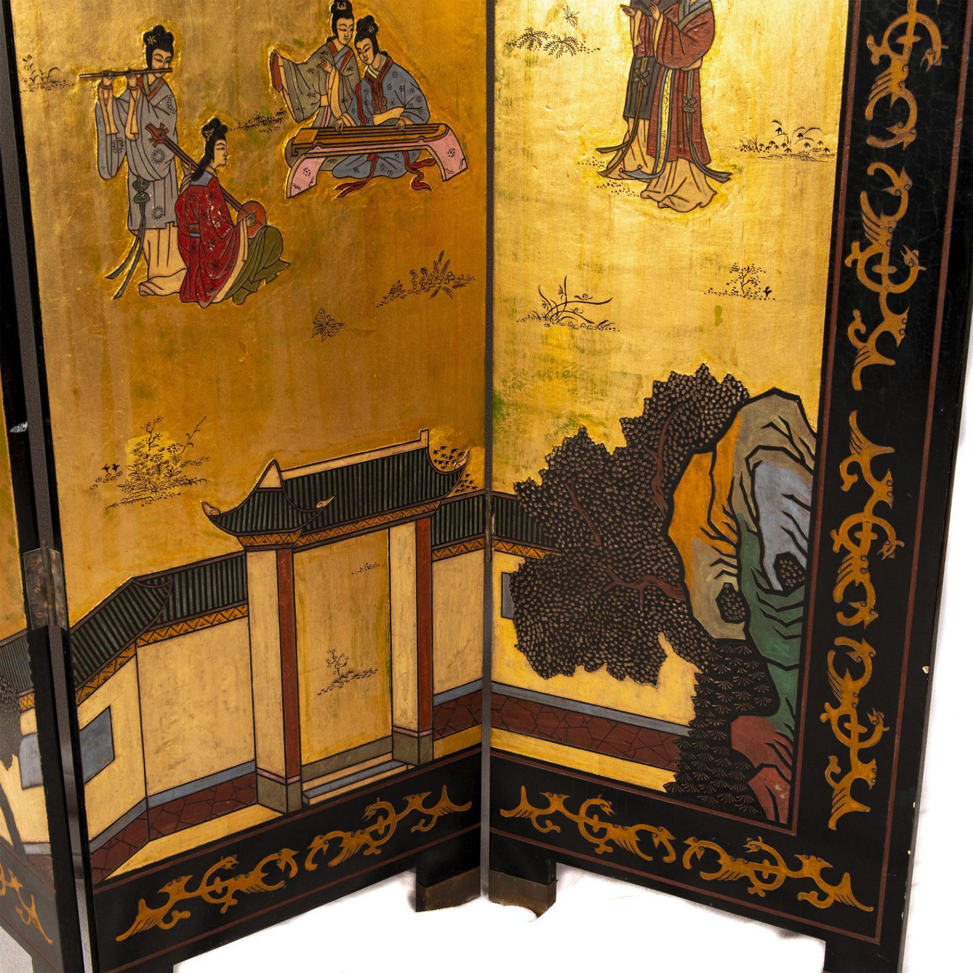 Original Gilded and Hand Painted Four Panel Asian Screen - Image 6 of 11