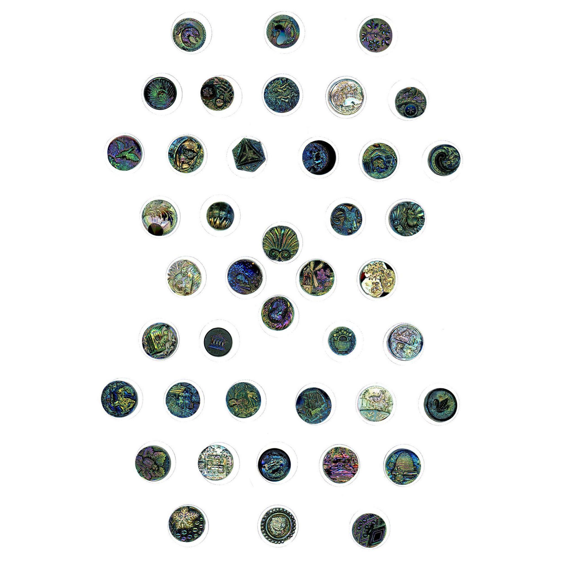 A card of division one pictorial black glass buttons