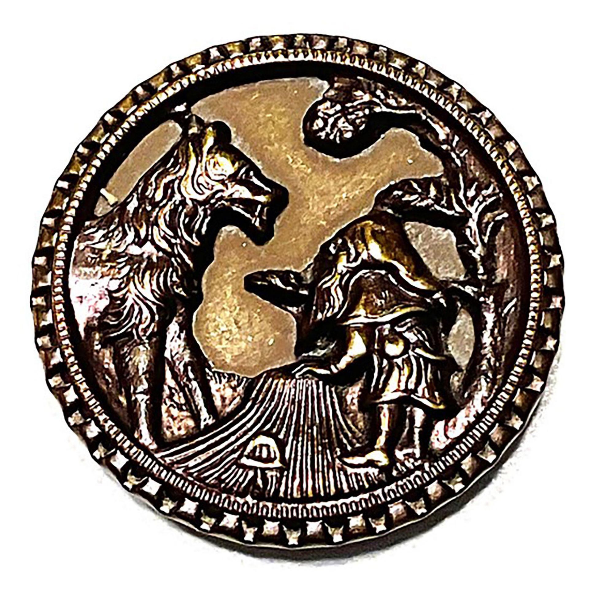 A division one brass pictorial story button