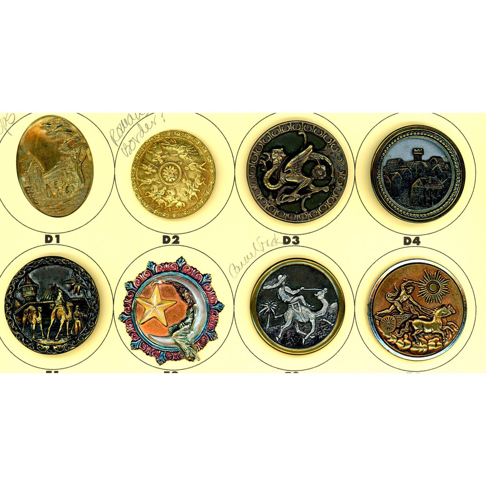 A partial card of metal pictorial buttons